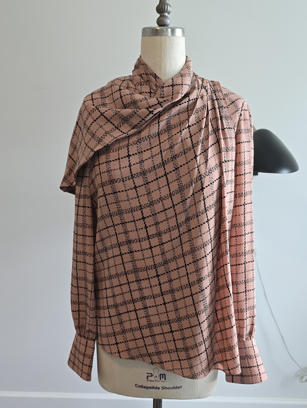 Draped Pink Plaid Blouse with Asymmetric Neckline
